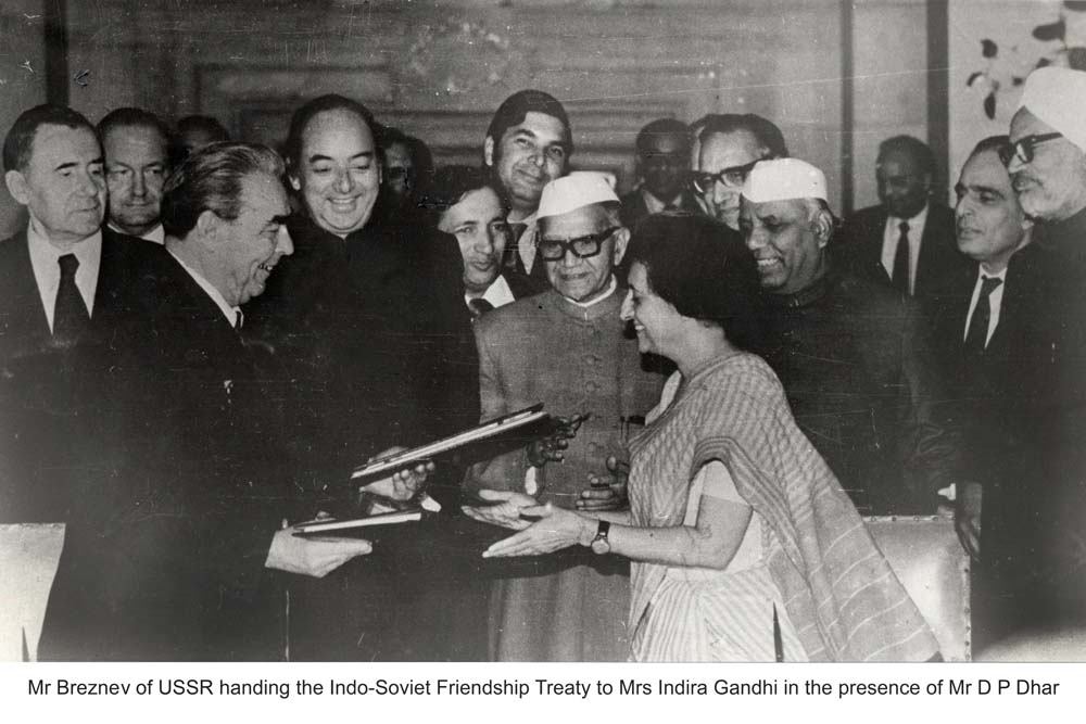 Soviet Premier Brezhnev and Indira Gandhi with DP Dhar (centre) at the signing of the Indo-Soviet Peace Treaty. 9 August 1971.