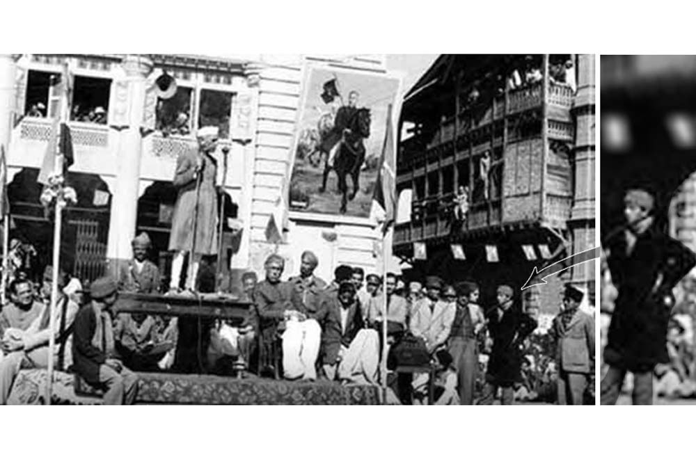 DP Dhar (right) listening to Nehru deliver his famous speech in Lal Chowk, Srinagar. 2 November 1947.