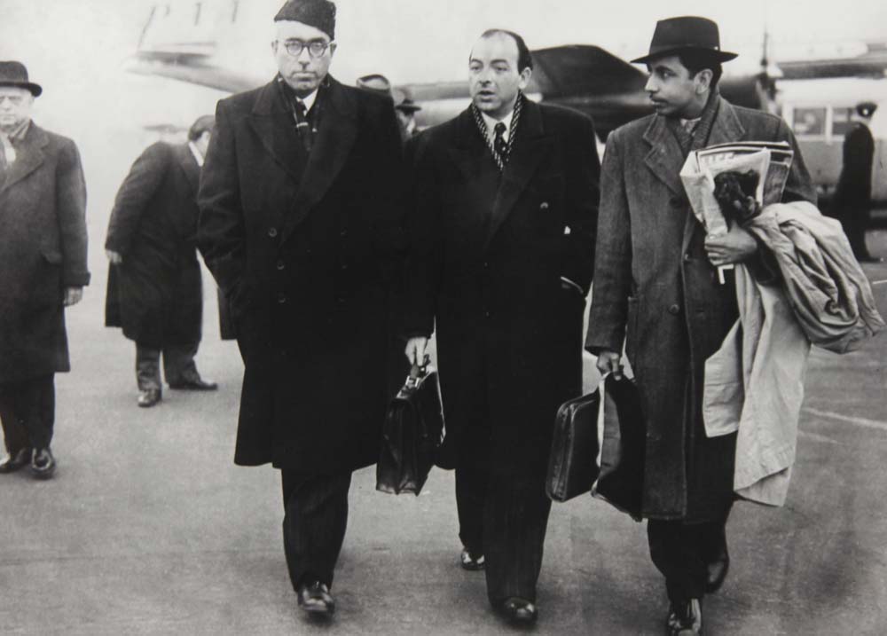 Sheikh Abdullah (left), DP Dhar (center) at the UN, 1948.