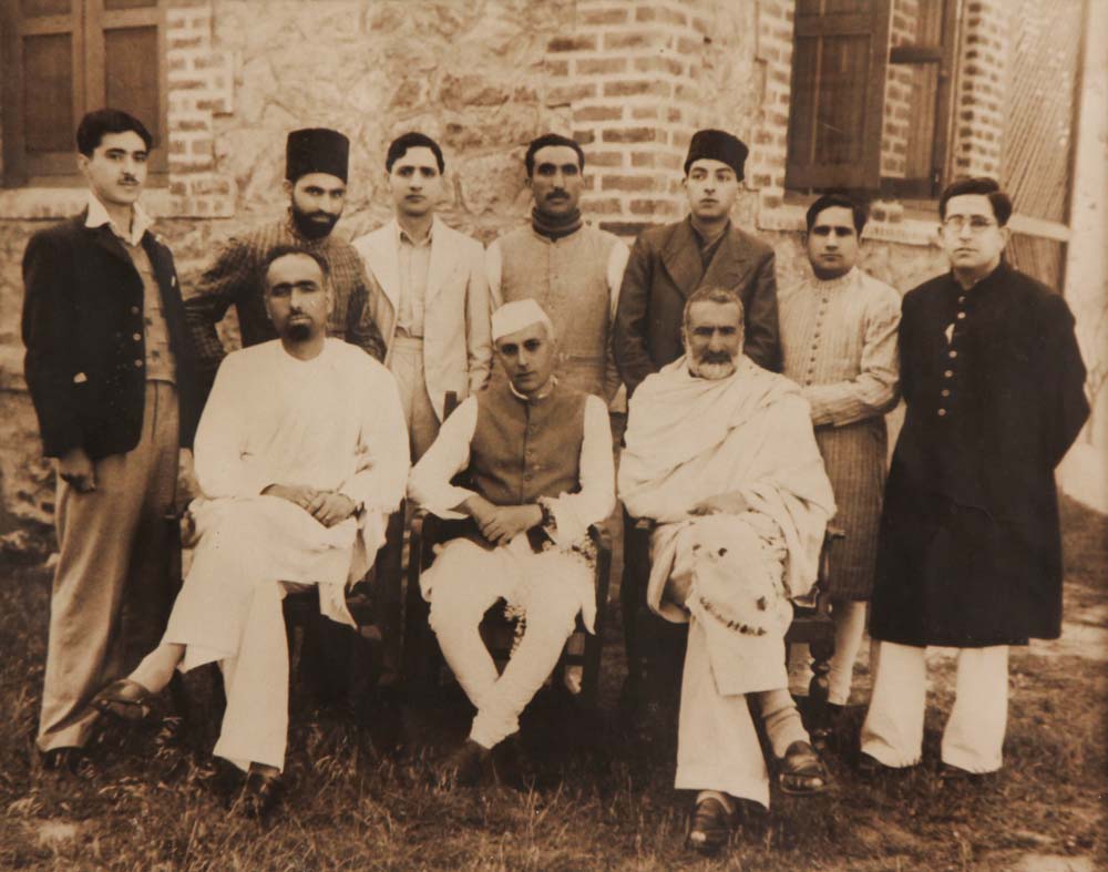 Sheikh Abdullah (seated left), Jawaharlal Nehru (seated centre), Khan Abdul Ghaffar Khan (seated right), DP Dhar (standing third from right)