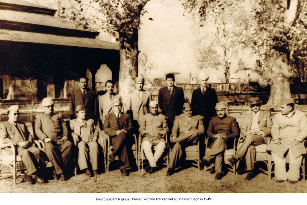 The first J&K Cabinet in 1949. D.P. Dhar stands second from the right.